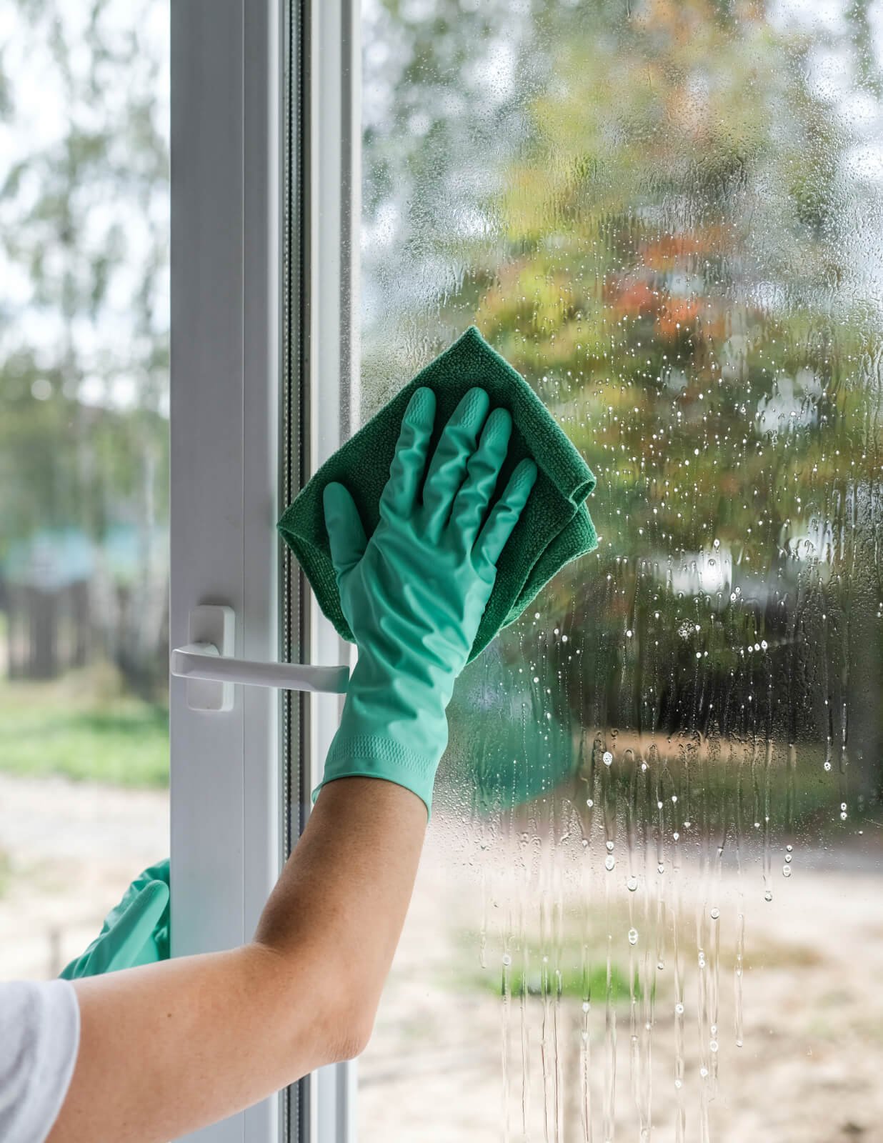 Hand cleaning window with rag