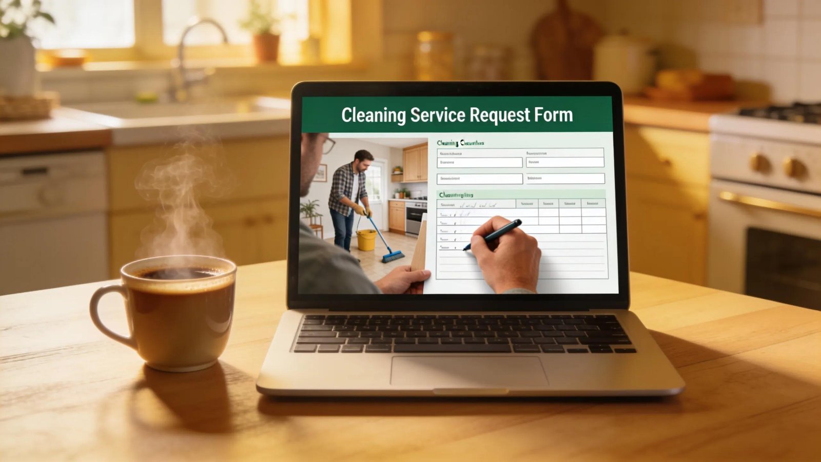 Homeowner using a laptop to get an instant cleaning service quote online