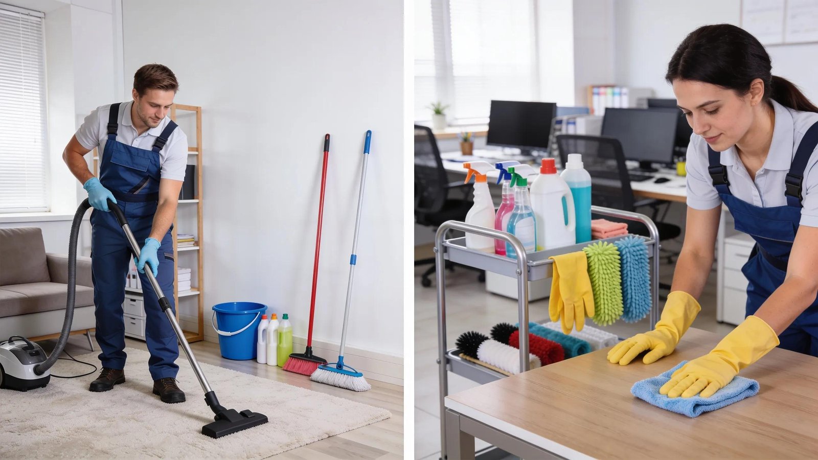Residential and commercial cleaning services showcasing professional cleaning environments
